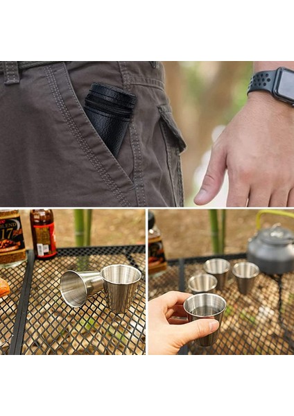 Paslanmaz Çelik Shot Bardakları, 4'lü Bardak Seti, Metal Shot Bardakları, Istiflenebilir, Dış Mekan Için Deri Çantalı Küçük Matara (Yurt Dışından)