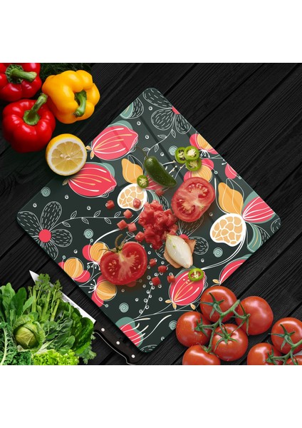 Cam Kesme Tahtası Kare Çiçek Desenli 30X30 cm fiyatları