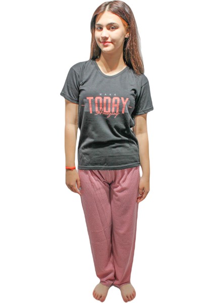 İNCI2932 Kadın Kısa Kol Yuv.yaka Pamuklu Düz Paça Pijama Takımı