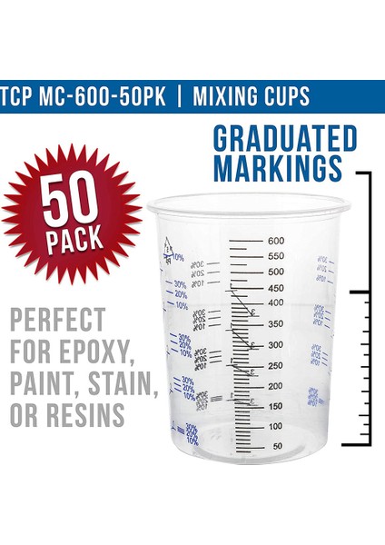 20 Oz (600ML) Tek Kullanımlık Esnek Şeffaf Dereceli Plastik Karıştırma Kapları - 50 Kap - Boya, Reçine, Epoksi, Sanat Için Kullanım (Yurt Dışından)