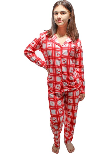 Inci Önden Düğmeli Uzun Kol Pamuklu Geyik Desenli Pijama Takımı