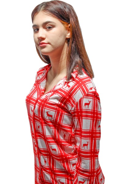 Inci Önden Düğmeli Uzun Kol Pamuklu Geyik Desenli Pijama Takımı
