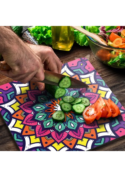 Cam Kesme Tahtası Kare Mandala Desenli 1307 30X30 cm modelleri