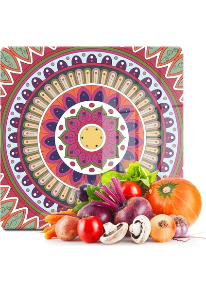 Cam Kesme Tahtası Kare Mandala Desenli 1313 30X30 cm