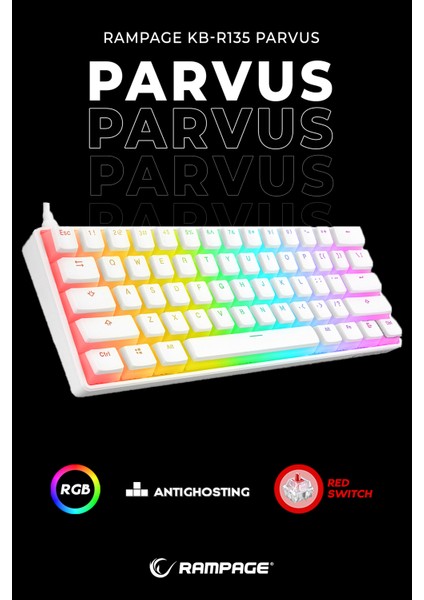 KB-R135 Parvus Beyaz Type-C Bağlantilı RGB Puding Tuşlu Red Switch Us Gaming Oyuncu Klavyesi