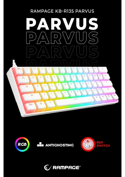 KB-R135 Parvus Beyaz Type-C Bağlantilı RGB Puding Tuşlu Red Switch Us Gaming Oyuncu Klavyesi