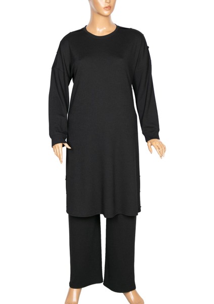 Kadın Benan Fitilli Düğmeli Spor Siyah Pantolon Tunik Takım