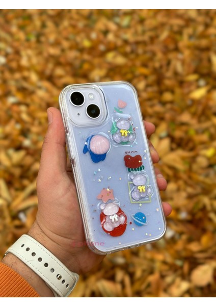 Apple iPhone 13 Kılıf 3D Kabartmalı Emoji Ayıcık Kalp Kelebek Rıch Gırl Yazılı Cool Kreasyon Kılıf