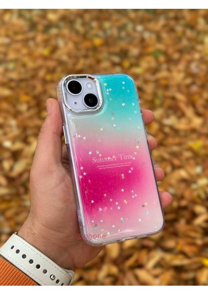 Apple iPhone 15 Kılıf Summer Time Kış Kreasyonu Simli Yıldızlı Işıltı Ombre Renk Geçişli Hologram