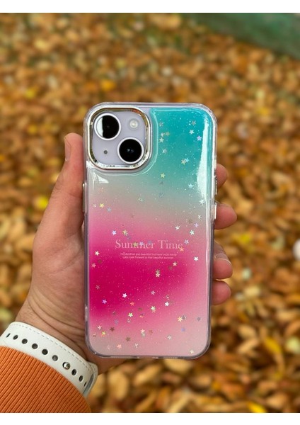 Apple iPhone 15 Kılıf Summer Time Kış Kreasyonu Simli Yıldızlı Işıltı Ombre Renk Geçişli Hologram