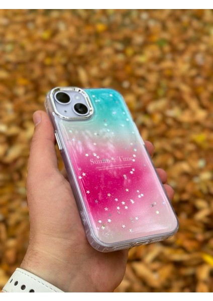 Apple iPhone 15 Kılıf Summer Time Kış Kreasyonu Simli Yıldızlı Işıltı Ombre Renk Geçişli Hologram