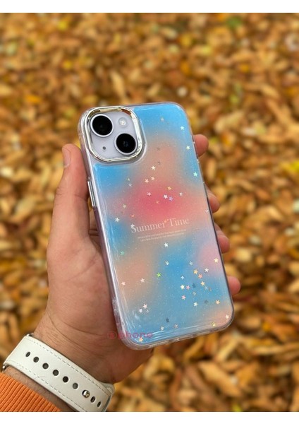 Apple iPhone 15 Plus Kılıf Summer Time Kış Kreasyonu Simli Yıldızlı Işıltı Ombre Renk Geçişli Hologram