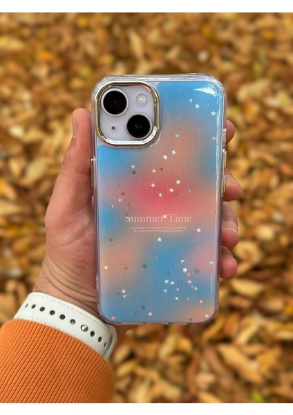 Apple iPhone 15 Plus Kılıf Summer Time Kış Kreasyonu Simli Yıldızlı Işıltı Ombre Renk Geçişli Hologram