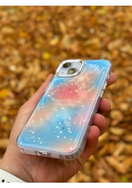 Apple iPhone 15 Plus Kılıf Summer Time Kış Kreasyonu Simli Yıldızlı Işıltı Ombre Renk Geçişli Hologram