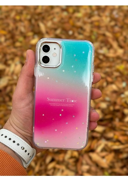 Apple iPhone 11 Kılıf Summer Time Kış Kreasyonu Simli Yıldızlı Işıltı Ombre Renk Geçişli Hologram