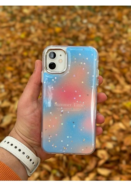 Apple iPhone 11 Kılıf Summer Time Kış Kreasyonu Simli Yıldızlı Işıltı Ombre Renk Geçişli Hologram