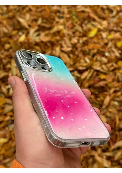 Apple iPhone 15 Pro Max Kılıf Summer Time Kış Kreasyonu Simli Yıldızlı Işıltı Ombre Renk Geçişli Hologram