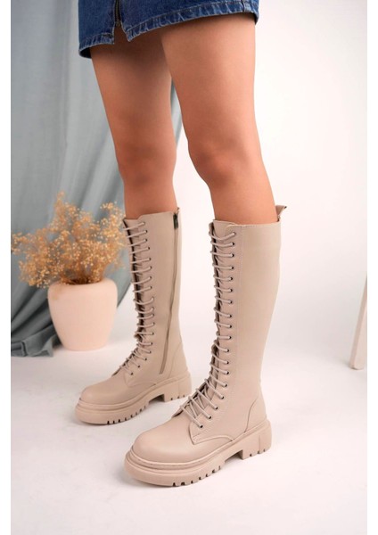 Fermuarlı Bağcıklı Uzun Krem Cilt Kadın Postal Bot fiyatları