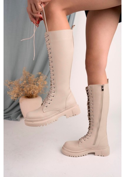 Fermuarlı Bağcıklı Uzun Krem Cilt Kadın Postal Bot modelleri