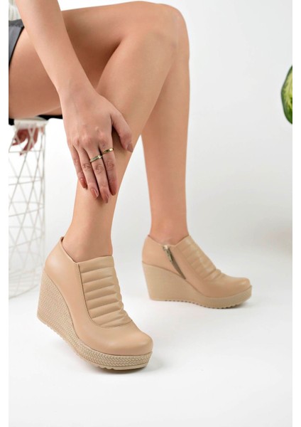 Dolgu Taban Fermuarlı Nut Cilt Kadın Ayakkabı