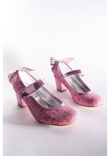 Topuklu Arkası Kelebekli Pembe Taşlı Ayakkabı modelleri