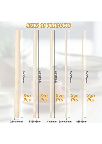 100 Parça Dübel Çubukları Ahşap Dübel Çubuk Craft Wood1/8,3/16,1/4,5/16,3/8x6 Inç Çubukları Crafting Dıy Düğün Şerit Değnek (Yurt Dışından)