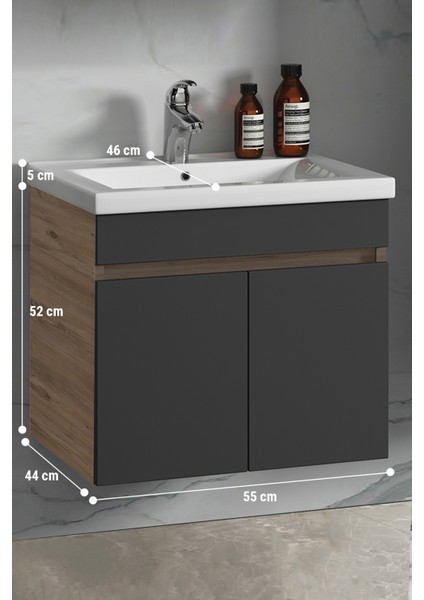 Çiğdem 55 cm Atlantik Çam-Antrasit Gri Mat Mdf Seramik Lavabolu Asma Banyo Alt Dolabı