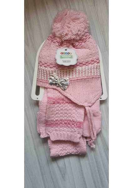 Newbom Kız Eldiven Atkı Bere Set Pembe
