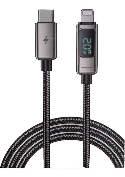 iPhone Uyumlu PD20W Hasır Kablo Type-C To Lightning Digital LED Ekranlı Data Kablo 1.2 Metre LS20CL