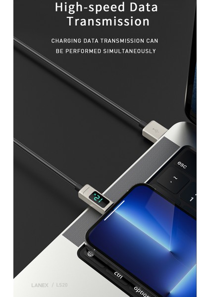 iPhone Uyumlu PD20W Hasır Kablo Type-C To Lightning Digital LED Ekranlı Data Kablo 1.2 Metre LS20CL