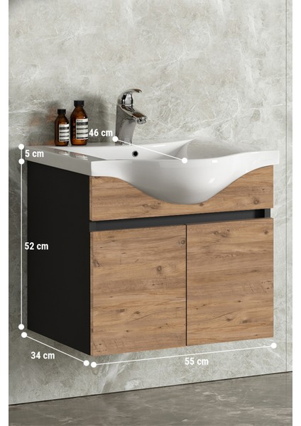 Yıldız 55 cm Antrasit Gri Mat-Atlantik Çam Mdf Seramik Lavabolu Asma Banyo Alt Dolabı