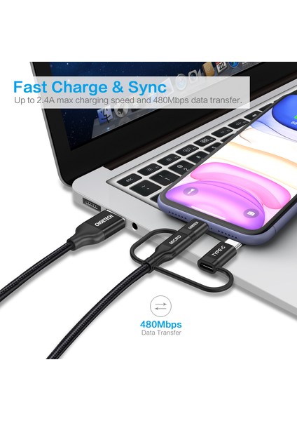 3in1 Lightning + Usb-C + Micro USB Hızlı Şarj ve Data Kablosu-Mfı Lisanslı IP0030