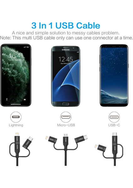 3in1 Lightning + Usb-C + Micro USB Hızlı Şarj ve Data Kablosu-Mfı Lisanslı IP0030