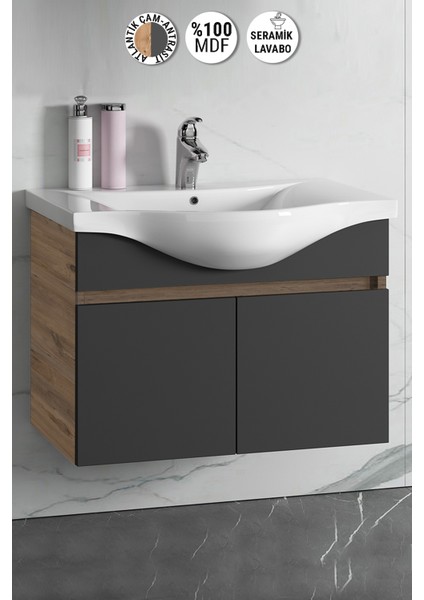 Yıldız 80 cm Atlantik Çam-Antrasit Gri Mat Mdf Seramik Lavabolu Asma Banyo Alt Dolabı