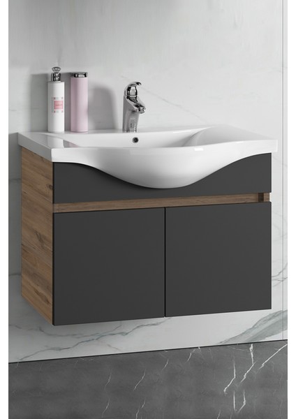 Yıldız 80 cm Atlantik Çam-Antrasit Gri Mat Mdf Seramik Lavabolu Asma Banyo Alt Dolabı fiyatları