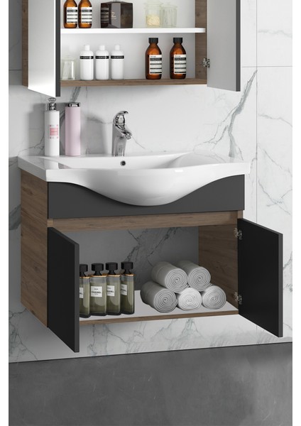 Yıldız 80 cm Atlantik Çam-Antrasit Gri Mat Mdf Seramik Lavabolu Asma Banyo Alt Dolabı modelleri
