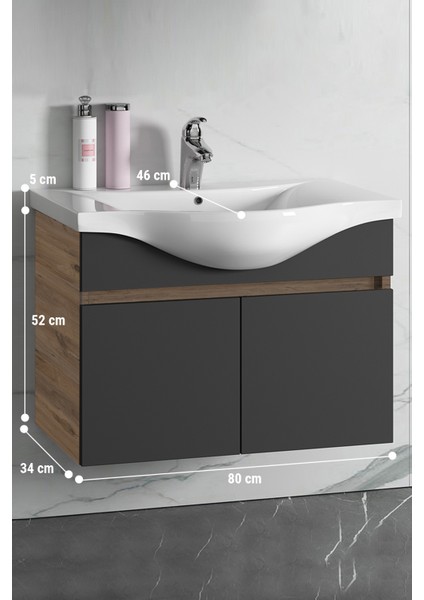 Yıldız 80 cm Atlantik Çam-Antrasit Gri Mat Mdf Seramik Lavabolu Asma Banyo Alt Dolabı indirimleri