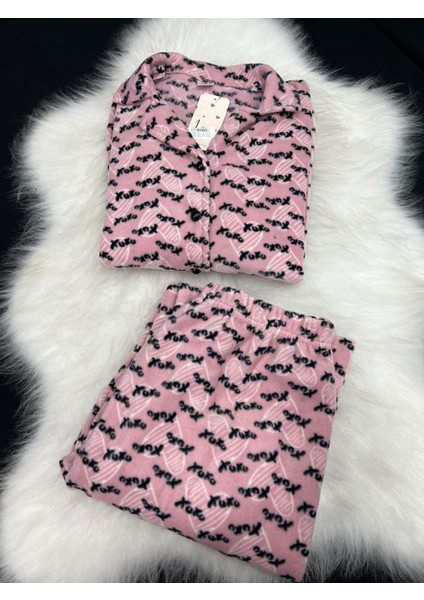 Bayan Polar Düğmeli Pijama Takım 449 Pembe