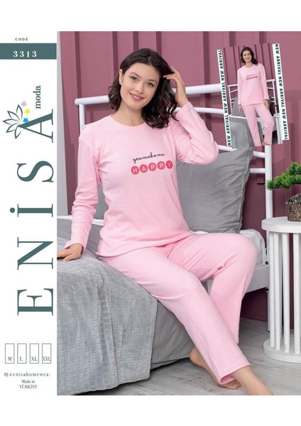 Bayan Raporlu Uzun Kol Pijama Takım 3310 Pembe