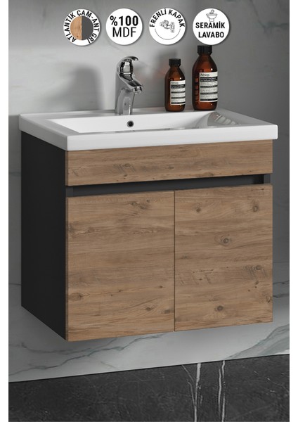 Çiğdem 55 cm Antrasit Gri Mat-Atlantik Çam Mdf Seramik Lavabolu Asma Banyo Alt Dolabı