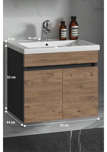 Çiğdem 55 cm Antrasit Gri Mat-Atlantik Çam Mdf Seramik Lavabolu Asma Banyo Alt Dolabı indirimleri