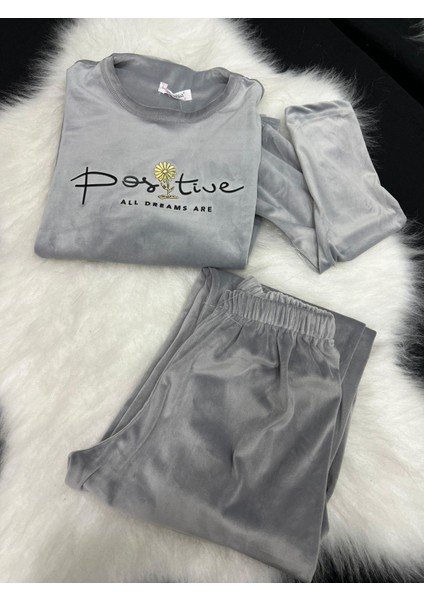 Kadın Kadife Paça Lastikli Pijama Takım Açık Gri