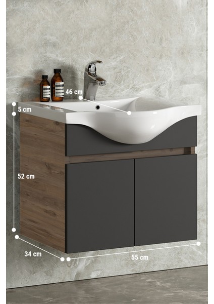 Yıldız 55 cm Atlantik Çam-Antrasit Gri Mat Mdf Seramik Lavabolu Asma Banyo Alt Dolabı