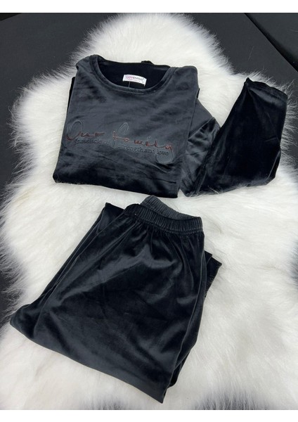Lovenisa Bayan Kadife Paça Lastikli Pijama Takım Siyah