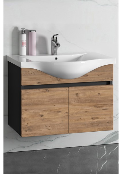 Yıldız 80 cm Antrasit Gri Mat-Atlantik Çam Mdf Seramik Lavabolu Asma Banyo Alt Dolabı fiyatları