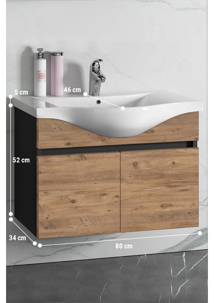Yıldız 80 cm Antrasit Gri Mat-Atlantik Çam Mdf Seramik Lavabolu Asma Banyo Alt Dolabı indirimleri