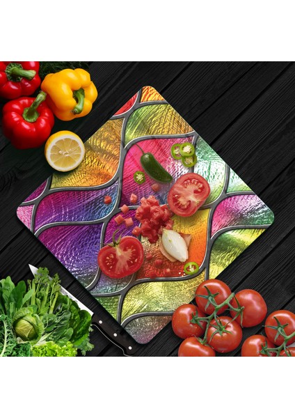 Cam Kesme Tahtası Kare Dalgalı Vitray Desenli 30X30 cm fiyatları