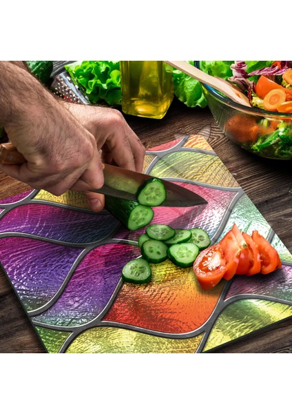 Cam Kesme Tahtası Kare Dalgalı Vitray Desenli 30X30 cm modelleri