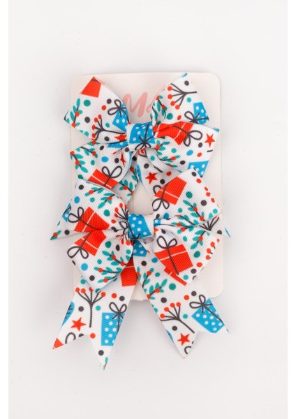 Beyaz Hediye Paketi Baskılı 2'li Kız Çocuk Fiyonk Klips Toka