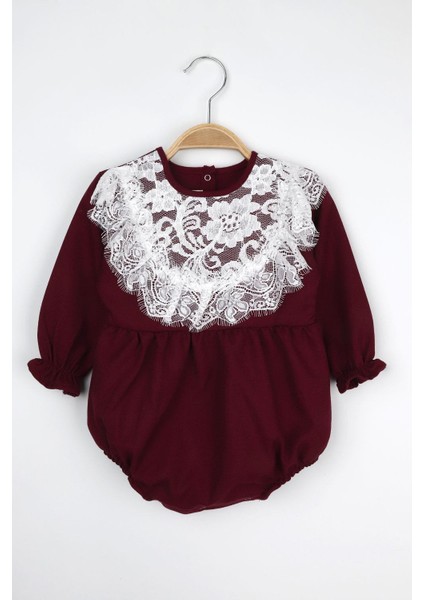 Bordo Dantel Detaylı Kız Bebek Tulum - Aida